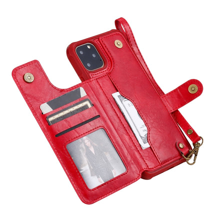 For iPhone 11 Pro Max Buckle Zipper Shockproof Protective Case with Holder & Card Slots & Wallet & Lanyard & Photos Frame(Red)-garmade.com