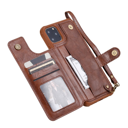 For iPhone 11 Pro Max Buckle Zipper Shockproof Protective Case with Holder & Card Slots & Wallet & Lanyard & Photos Frame(Coffee)-garmade.com