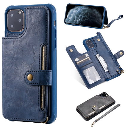 For iPhone 11 Pro Max Buckle Zipper Shockproof Protective Case with Holder & Card Slots & Wallet & Lanyard & Photos Frame(Blue)-garmade.com