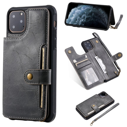 For iPhone 11 Pro Max Buckle Zipper Shockproof Protective Case with Holder & Card Slots & Wallet & Lanyard & Photos Frame(Black)-garmade.com