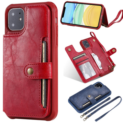 For iPhone 11 Buckle Zipper Shockproof Protective Case with Holder & Card Slots & Wallet & Lanyard & Photos Frame(Red)-garmade.com