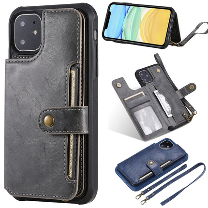 For iPhone 11 Buckle Zipper Shockproof Protective Case with Holder & Card Slots & Wallet & Lanyard & Photos Frame(Grey)-garmade.com