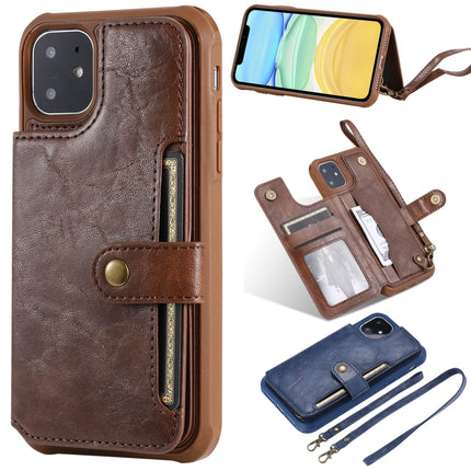 For iPhone 11 Buckle Zipper Shockproof Protective Case with Holder & Card Slots & Wallet & Lanyard & Photos Frame(Coffee)-garmade.com