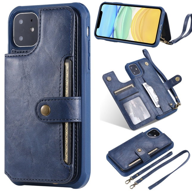 For iPhone 11 Buckle Zipper Shockproof Protective Case with Holder & Card Slots & Wallet & Lanyard & Photos Frame(Blue)-garmade.com