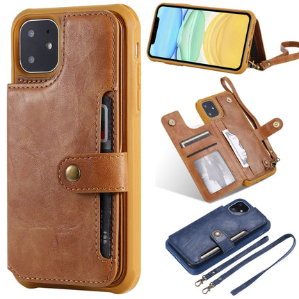 For iPhone 11 Buckle Zipper Shockproof Protective Case with Holder & Card Slots & Wallet & Lanyard & Photos Frame(Brown)-garmade.com