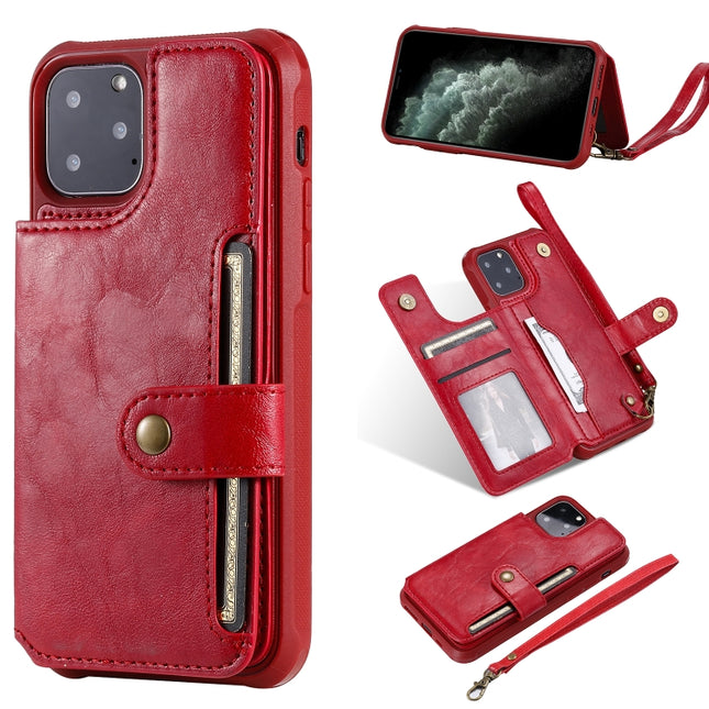For iPhone 11 Pro Buckle Zipper Shockproof Protective Case with Holder & Card Slots & Wallet & Lanyard & Photos Frame(Red)-garmade.com