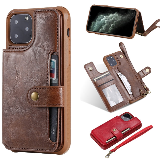 For iPhone 11 Pro Buckle Zipper Shockproof Protective Case with Holder & Card Slots & Wallet & Lanyard & Photos Frame(Coffee)-garmade.com