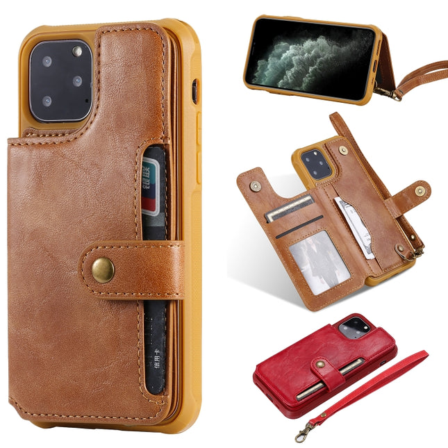 For iPhone 11 Pro Buckle Zipper Shockproof Protective Case with Holder & Card Slots & Wallet & Lanyard & Photos Frame(Brown)-garmade.com