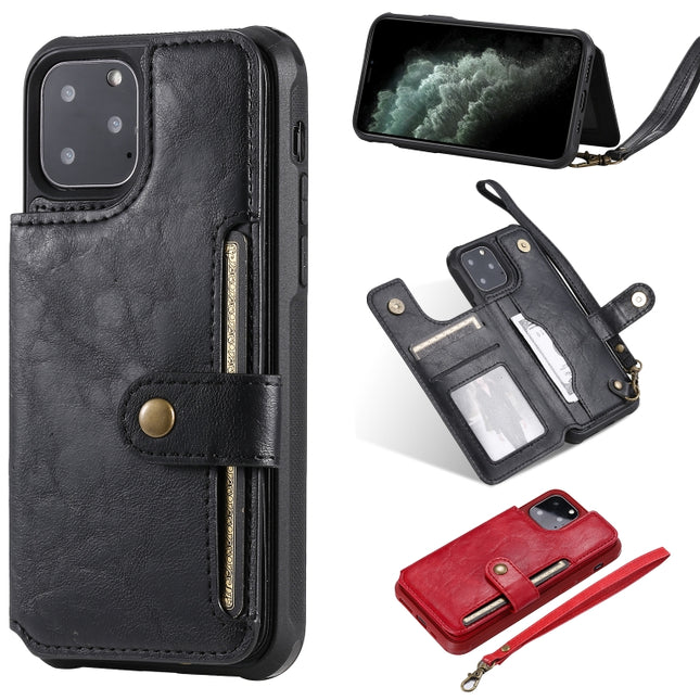 For iPhone 11 Pro Buckle Zipper Shockproof Protective Case with Holder & Card Slots & Wallet & Lanyard & Photos Frame(Black)-garmade.com