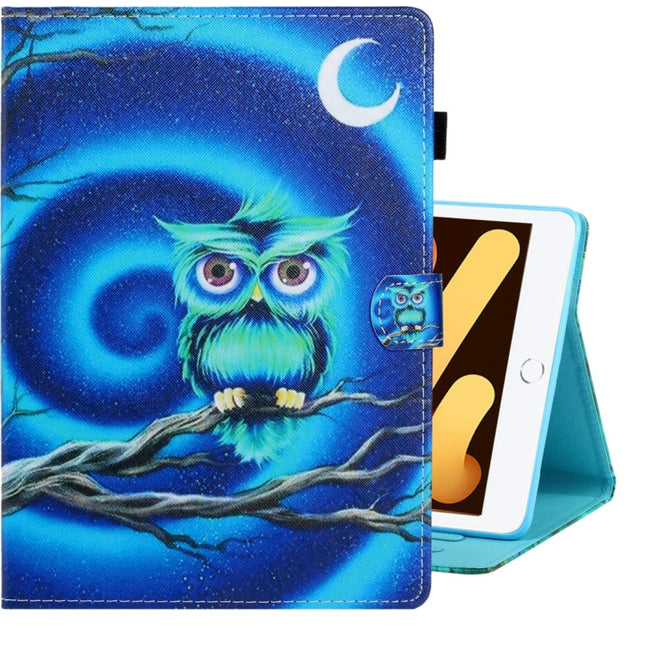 For iPad mini 5 / 4 / 3 / 2 / 1 Colored Drawing Horizontal Flip PU Leather Case with Holder & Card Slot & Sleep / Wake-up Function(Moon Owl)-garmade.com