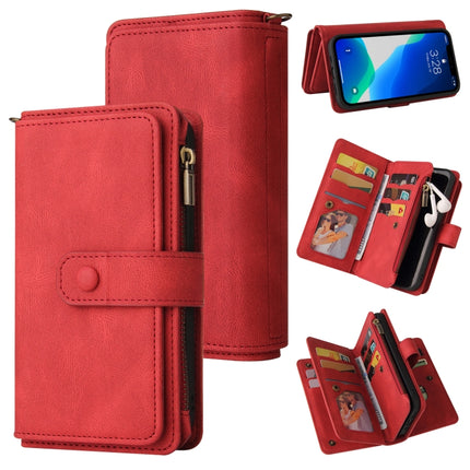 Skin Feel PU + TPU Horizontal Flip Leather Case with Holder & 15 Cards Slot & Wallet & Zipper Pocket & Lanyard For iPhone 13 Pro(Red)-garmade.com