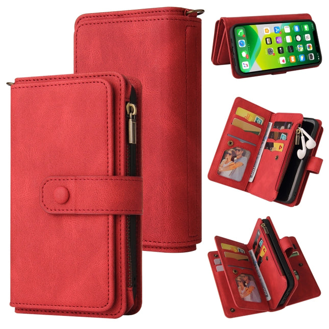 Skin Feel PU + TPU Horizontal Flip Leather Case with Holder & 15 Cards Slot & Wallet & Zipper Pocket & Lanyard For iPhone 13(Red)-garmade.com