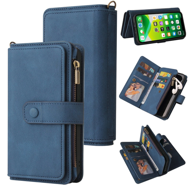 Skin Feel PU + TPU Horizontal Flip Leather Case with Holder & 15 Cards Slot & Wallet & Zipper Pocket & Lanyard For iPhone 13(Blue)-garmade.com