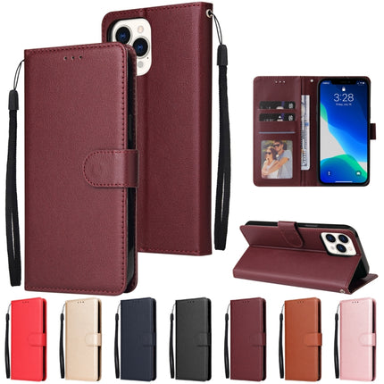 Multifunctional Horizontal Flip Leather Case, with Three Card Slot & Holder & Double Zip Wallett & Photo Frame & Lanyard For iPhone 13 Pro(Red Wine)-garmade.com