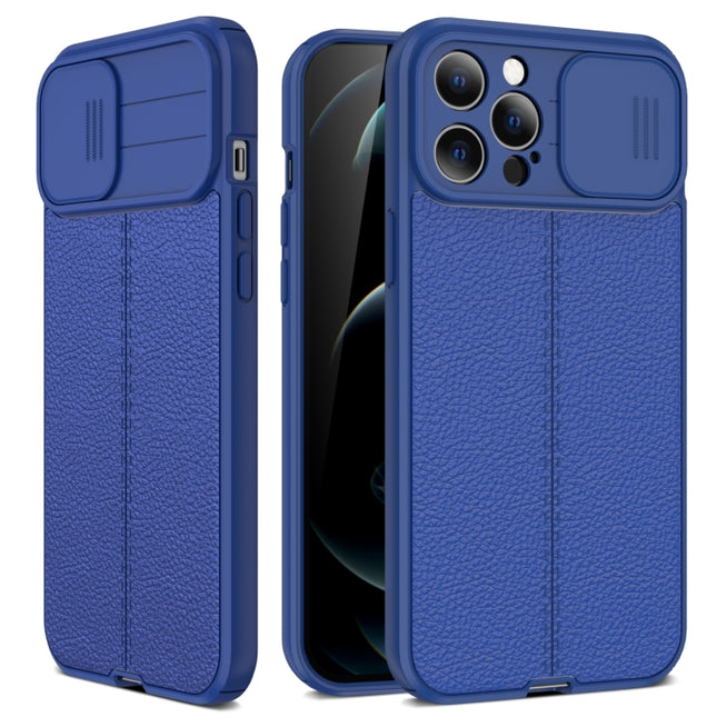 Litchi Texture Sliding Camshield TPU Protective Case For iPhone 13(Blue)-garmade.com