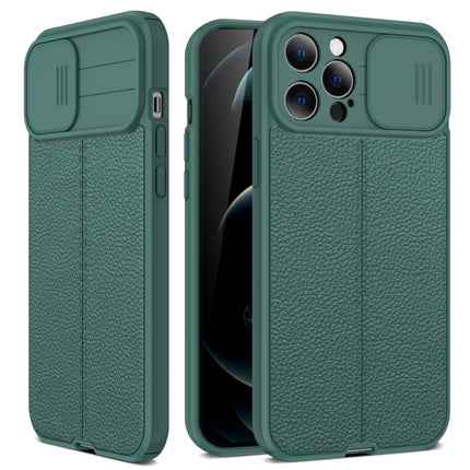 Litchi Texture Sliding Camshield TPU Protective Case For iPhone 13 Pro(Dark Green)-garmade.com