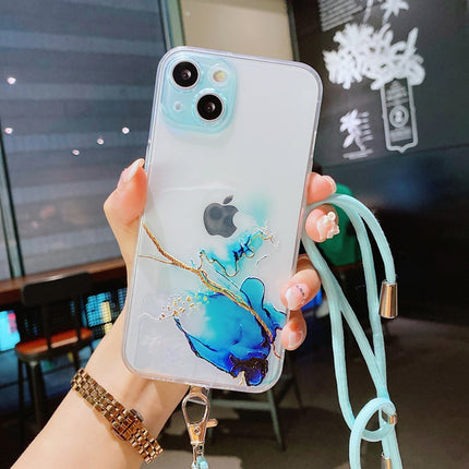 Hollow Marble Pattern TPU Precise Hole Protective Case with Neck Strap Rope For iPhone 13(Blue)-garmade.com