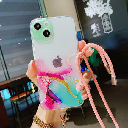 Hollow Marble Pattern TPU Precise Hole Protective Case with Neck Strap Rope For iPhone 13 Pro Max(Green)-garmade.com