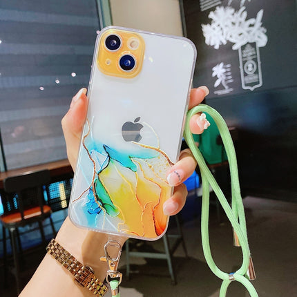Hollow Marble Pattern TPU Precise Hole Protective Case with Neck Strap Rope For iPhone 13 Pro Max(Yellow)-garmade.com