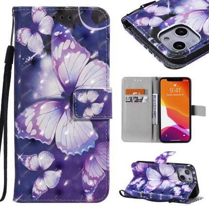 3D Painted Pattern Horizontal Flip Leather Case with Holder & Card Slots & Wallet For iPhone 13 Mini(Purple Butterfly)-garmade.com