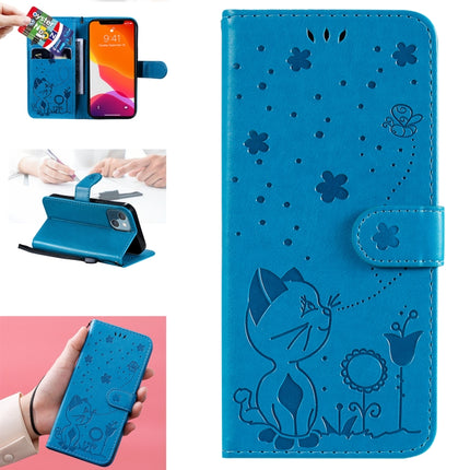 Cat Bee Embossing Pattern Shockproof Horizontal Flip Leather Case with Holder & Card Slots & Wallet For iPhone 13 mini(Blue)-garmade.com