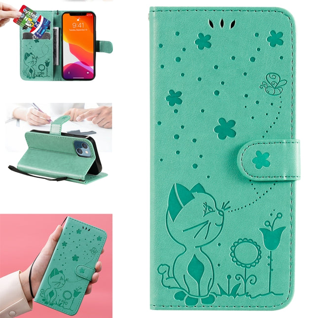 Cat Bee Embossing Pattern Shockproof Horizontal Flip Leather Case with Holder & Card Slots & Wallet For iPhone 13 mini(Green)-garmade.com