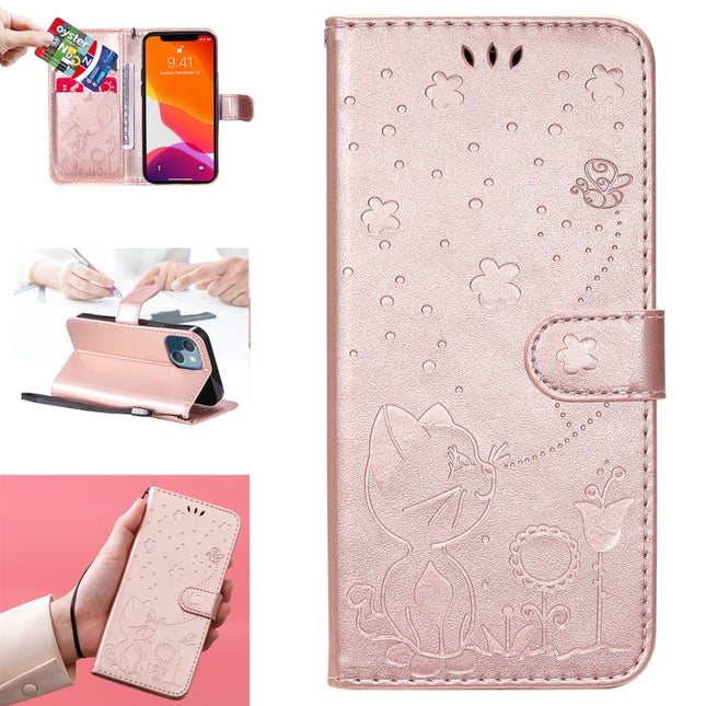 Cat Bee Embossing Pattern Shockproof Horizontal Flip Leather Case with Holder & Card Slots & Wallet For iPhone 13 mini(Rose Gold)-garmade.com