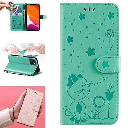 Cat Bee Embossing Pattern Shockproof Horizontal Flip Leather Case with Holder & Card Slots & Wallet For iPhone 13(Green)-garmade.com