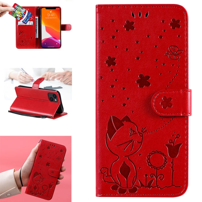 Cat Bee Embossing Pattern Shockproof Horizontal Flip Leather Case with Holder & Card Slots & Wallet For iPhone 13(Red)-garmade.com