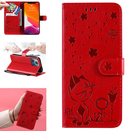 Cat Bee Embossing Pattern Shockproof Horizontal Flip Leather Case with Holder & Card Slots & Wallet For iPhone 13 Pro(Red)-garmade.com