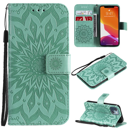 Pressed Printing Sunflower Pattern Horizontal Flip PU Leather Case Holder & Card Slots & Wallet & Lanyard For iPhone 13 mini(Green)-garmade.com
