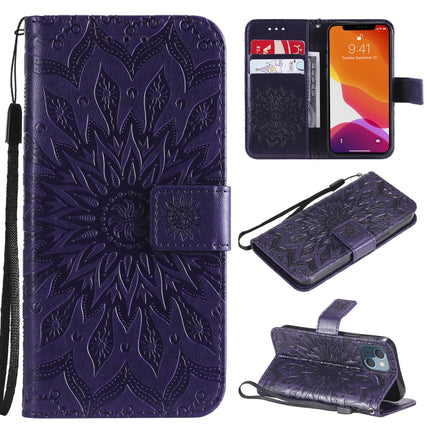 Pressed Printing Sunflower Pattern Horizontal Flip PU Leather Case Holder & Card Slots & Wallet & Lanyard For iPhone 13 mini(Purple)-garmade.com