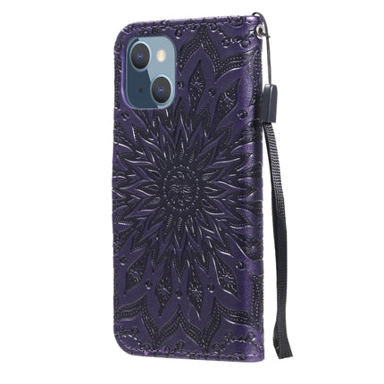 Pressed Printing Sunflower Pattern Horizontal Flip PU Leather Case Holder & Card Slots & Wallet & Lanyard For iPhone 13 mini(Purple)-garmade.com