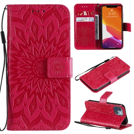 Pressed Printing Sunflower Pattern Horizontal Flip PU Leather Case Holder & Card Slots & Wallet & Lanyard For iPhone 13 mini(Red)-garmade.com