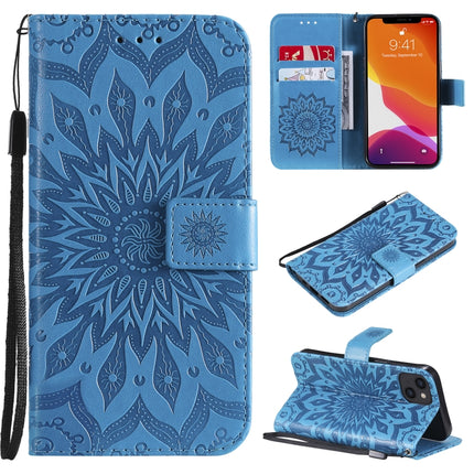 Pressed Printing Sunflower Pattern Horizontal Flip PU Leather Case Holder & Card Slots & Wallet & Lanyard For iPhone 13(Blue)-garmade.com