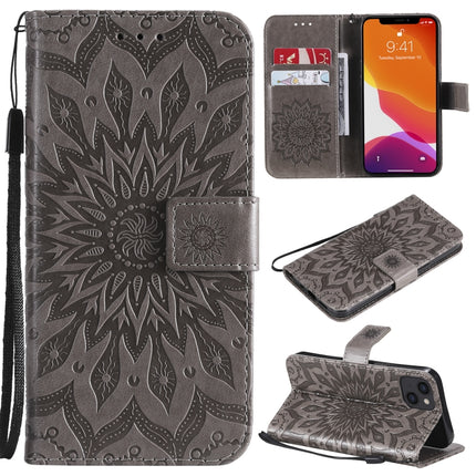 Pressed Printing Sunflower Pattern Horizontal Flip PU Leather Case Holder & Card Slots & Wallet & Lanyard For iPhone 13(Grey)-garmade.com