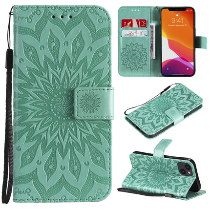 Pressed Printing Sunflower Pattern Horizontal Flip PU Leather Case Holder & Card Slots & Wallet & Lanyard For iPhone 13(Green)-garmade.com