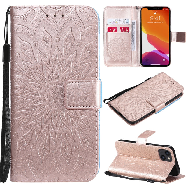Pressed Printing Sunflower Pattern Horizontal Flip PU Leather Case Holder & Card Slots & Wallet & Lanyard For iPhone 13(Rose Gold)-garmade.com