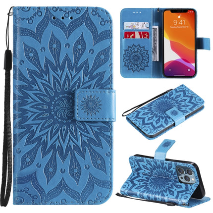 Pressed Printing Sunflower Pattern Horizontal Flip PU Leather Case Holder & Card Slots & Wallet & Lanyard For iPhone 13 Pro(Blue)-garmade.com