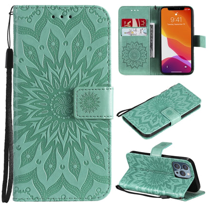 Pressed Printing Sunflower Pattern Horizontal Flip PU Leather Case Holder & Card Slots & Wallet & Lanyard For iPhone 13 Pro(Green)-garmade.com
