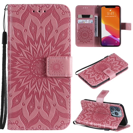 Pressed Printing Sunflower Pattern Horizontal Flip PU Leather Case Holder & Card Slots & Wallet & Lanyard For iPhone 13 Pro(Pink)-garmade.com