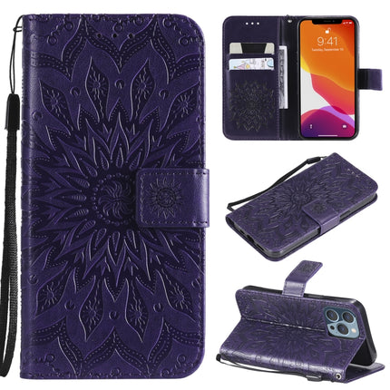 Pressed Printing Sunflower Pattern Horizontal Flip PU Leather Case Holder & Card Slots & Wallet & Lanyard For iPhone 13 Pro(Purple)-garmade.com