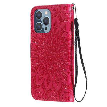 Pressed Printing Sunflower Pattern Horizontal Flip PU Leather Case Holder & Card Slots & Wallet & Lanyard For iPhone 13 Pro(Red)-garmade.com