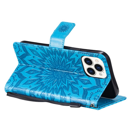 Pressed Printing Sunflower Pattern Horizontal Flip PU Leather Case Holder & Card Slots & Wallet & Lanyard For iPhone 13 Pro Max(Blue)-garmade.com