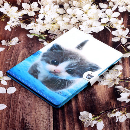 For Galaxy Tab S5e T720 Colored Drawing Horizontal Flip PU Leather Case with Holder & Card Slot & Sleep / Wake-up Function(Blue White cat)-garmade.com