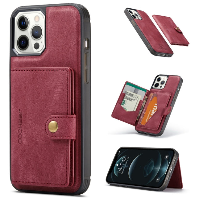 JEEHOOD Retro Magnetic Detachable Protective Case with Wallet & Card Slot & Holder For iPhone 13 Pro Max(Red)-garmade.com