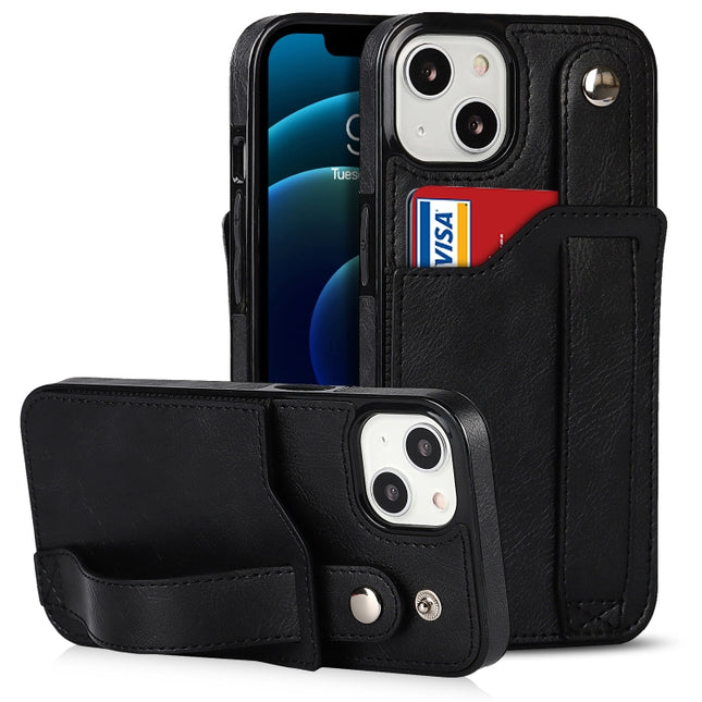 Crazy Horse Texture Shockproof TPU + PU Leather Case with Card Slot & Wrist Strap Holder For iPhone 13(Black)-garmade.com