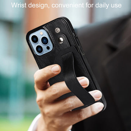 Crazy Horse Texture Shockproof TPU + PU Leather Case with Card Slot & Wrist Strap Holder For iPhone 13 Pro(Black)-garmade.com