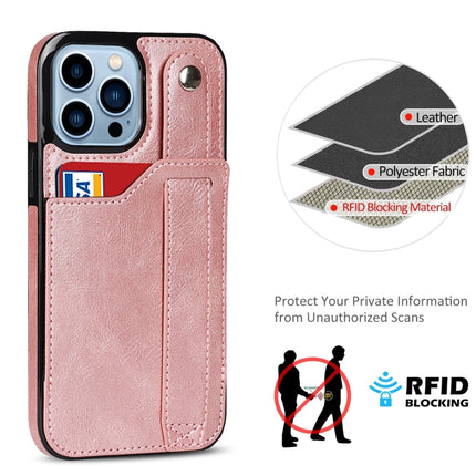 Crazy Horse Texture Shockproof TPU + PU Leather Case with Card Slot & Wrist Strap Holder For iPhone 13 Pro(Rose Gold)-garmade.com