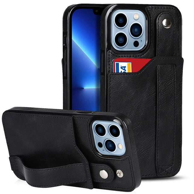 Crazy Horse Texture Shockproof TPU + PU Leather Case with Card Slot & Wrist Strap Holder For iPhone 13 Pro Max(Black)-garmade.com